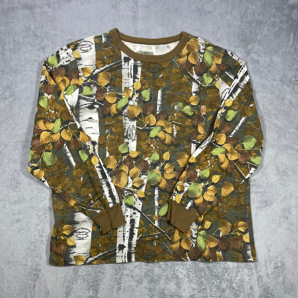 Rocky Mountain Camouflage T-Shirt Mens XXL Brown Aspen Tree Long Sleeve USA Y2K